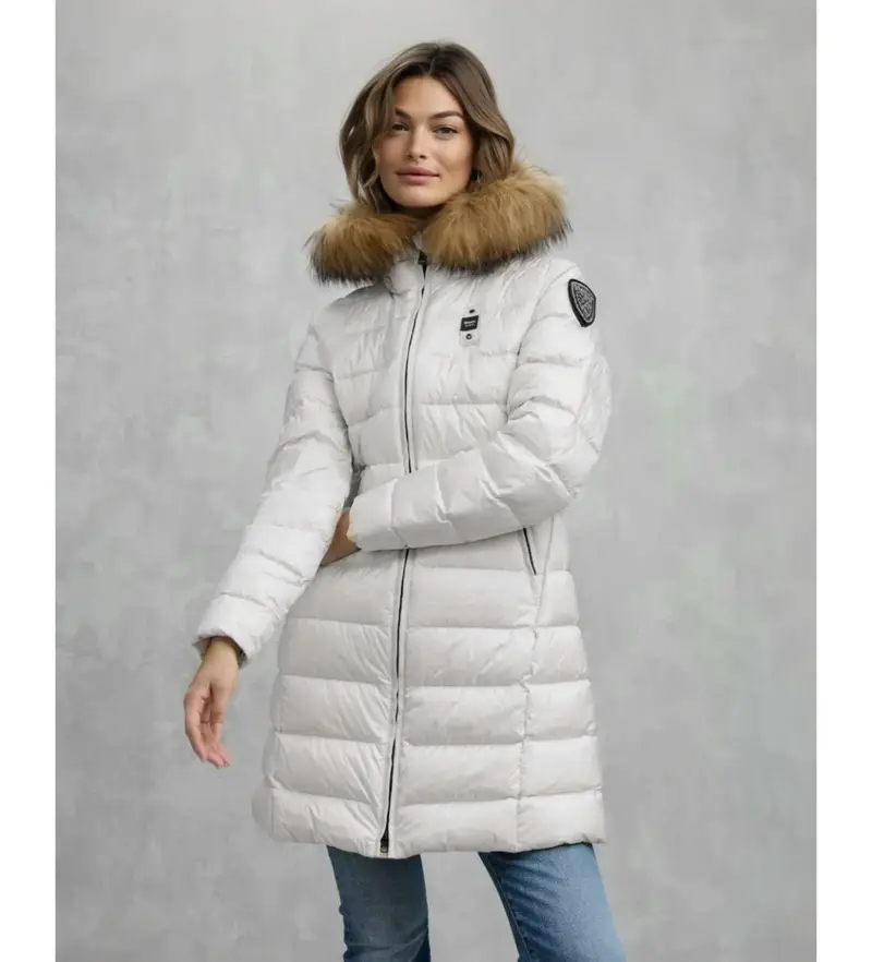 per donna 25WBLDK03103 Piumino lungo Kristin con pelliccia bianca (L), Bianco, Casual, Poliamide