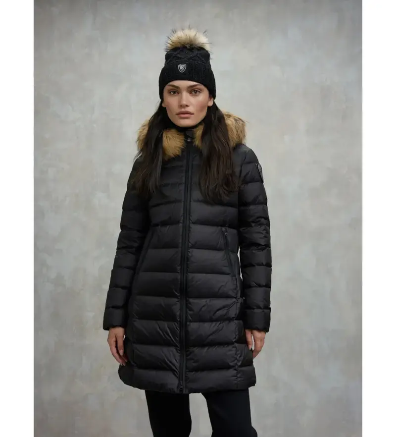 per donna. 25WBLDK03103 Piumino lungo nero Kristin con pelliccia (L), Casual, Poliamide