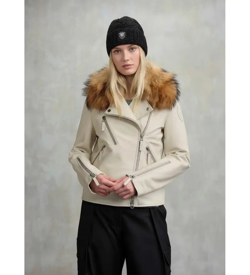 per donna. 25WBLDL01340 Giacca in pelle con pelle di ciliegio bianca (S), Bianco, Casual