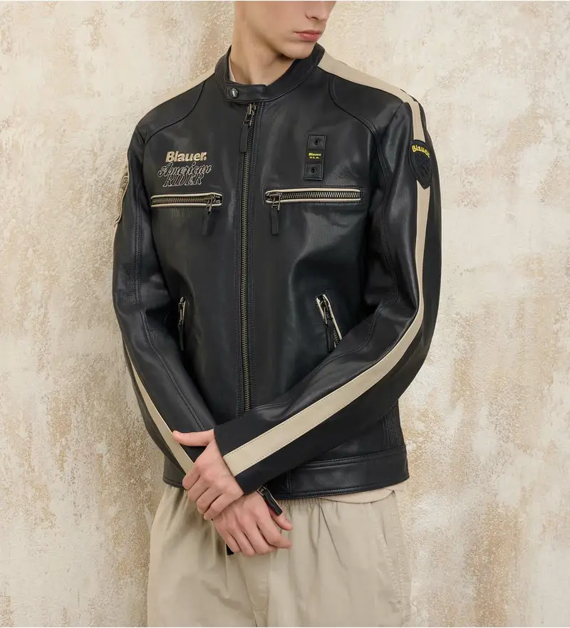 per uomo. 25SBLUL02403 Giacca biker bicolore nera Garner (L), Nero, Casual, Pelle