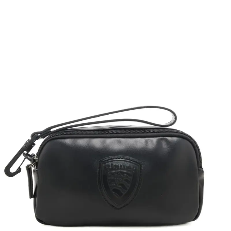 pochette da uomo con doppio scomparto e scudo loggato in rilievo sul davanti nero