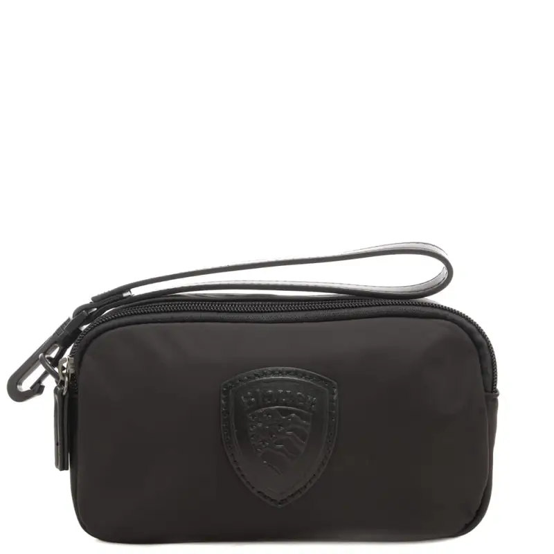 pochette da uomo in tessuto con doppio scomparto e scudo loggato in rilievo sul davanti nero