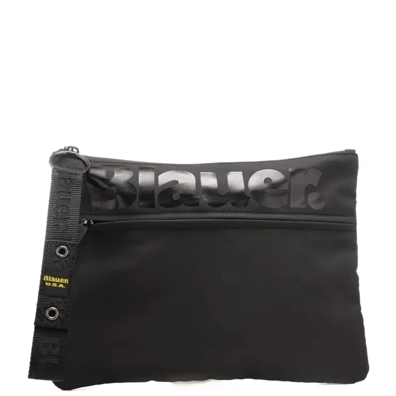pochette da uomo in tessuto con maxi logo lettering stampato ton sur ton nero