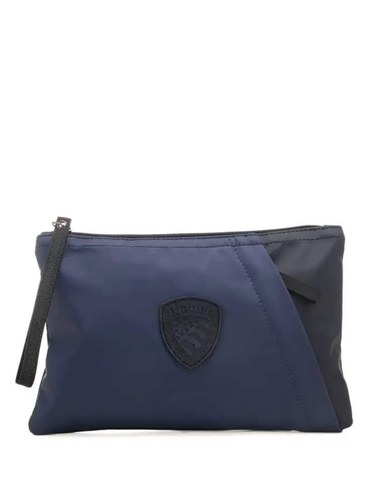 pochette da uomo in tessuto con scudo loggato cucito sul davanti nero
