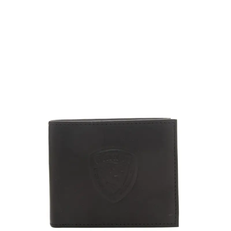 portafoglio a libro da uomo in pelle con scudo loggato inciso sulla parte frontale nero