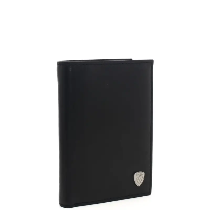 Blauer portafoglio da uomo verticale con targhetta in metallo logata nero miniatura 2