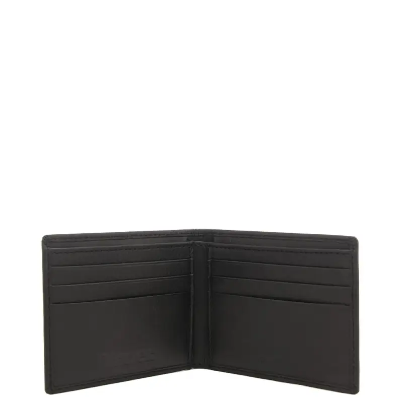 portafoglio piccolo a libro da uomo in pelle martellata con logo lettering inciso sul davanti nero miniatura 3