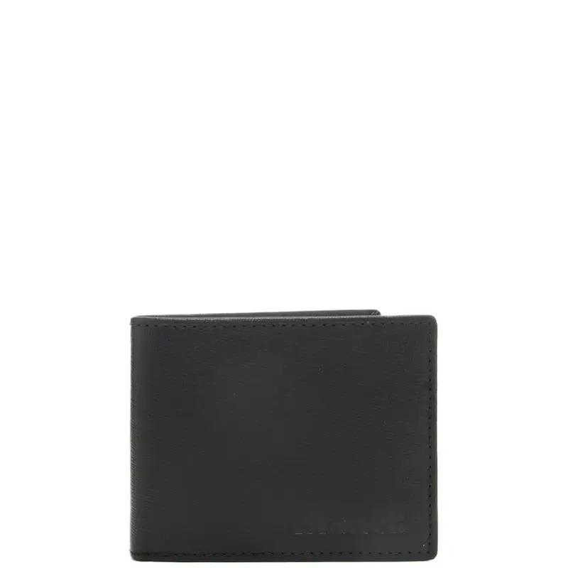 portafoglio piccolo a libro da uomo in pelle martellata con logo lettering inciso sul davanti nero