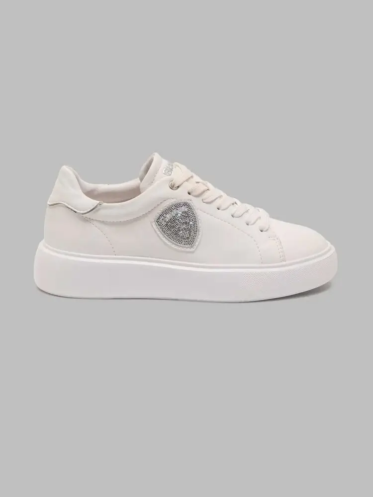 scarpe bianche donna in ecopelle logo scudetto con strass