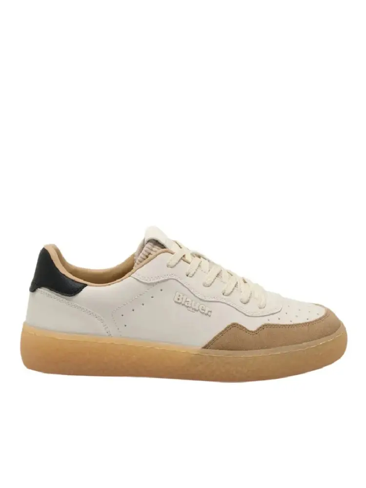 scarpe crema uomo con dettagli blu e beige logo sul lato