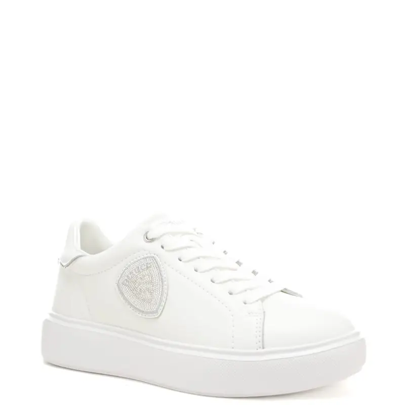 sneakers da donna con inserto laminato sul retro e patch scudo con strass bianche miniatura 2