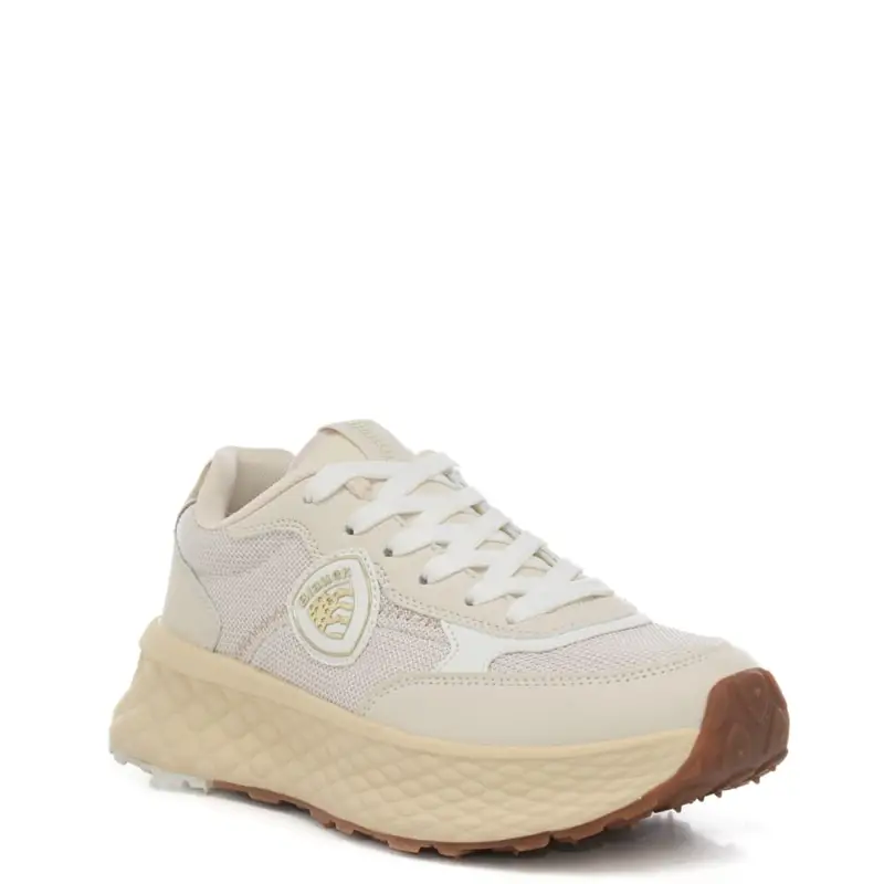 sneakers da donna con tomaia in mesh e patch scudo laterale crema miniatura 2