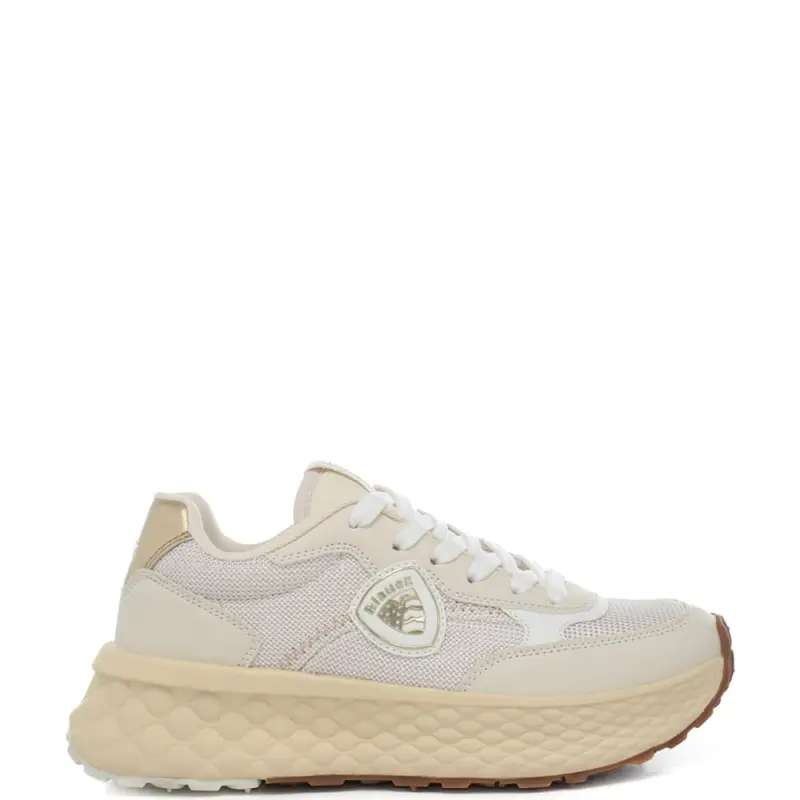 sneakers da donna con tomaia in mesh e patch scudo laterale crema