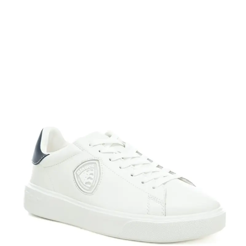 sneakers da uomo in vera pelle con lacci e logo blauer in rilievo bianche blu navy miniatura 2