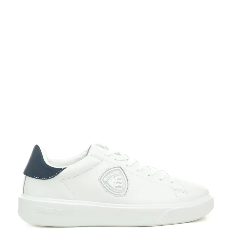 sneakers da uomo in vera pelle con lacci e logo blauer in rilievo bianche blu navy