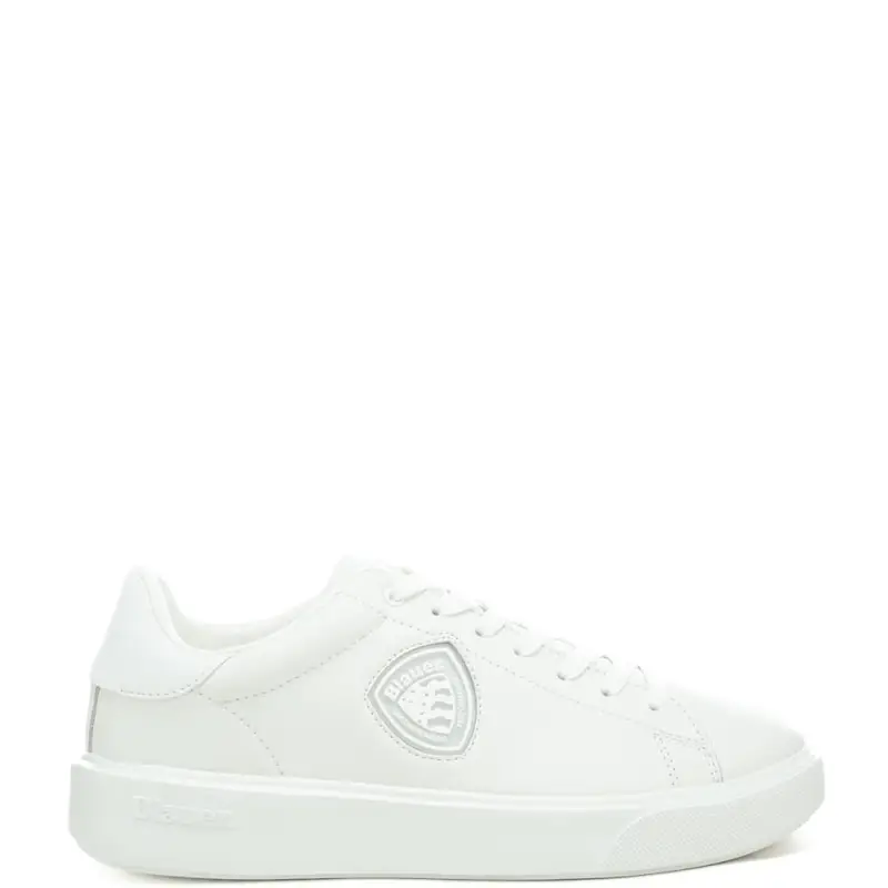 sneakers da uomo in vera pelle con lacci e logo blauer in rilievo bianche