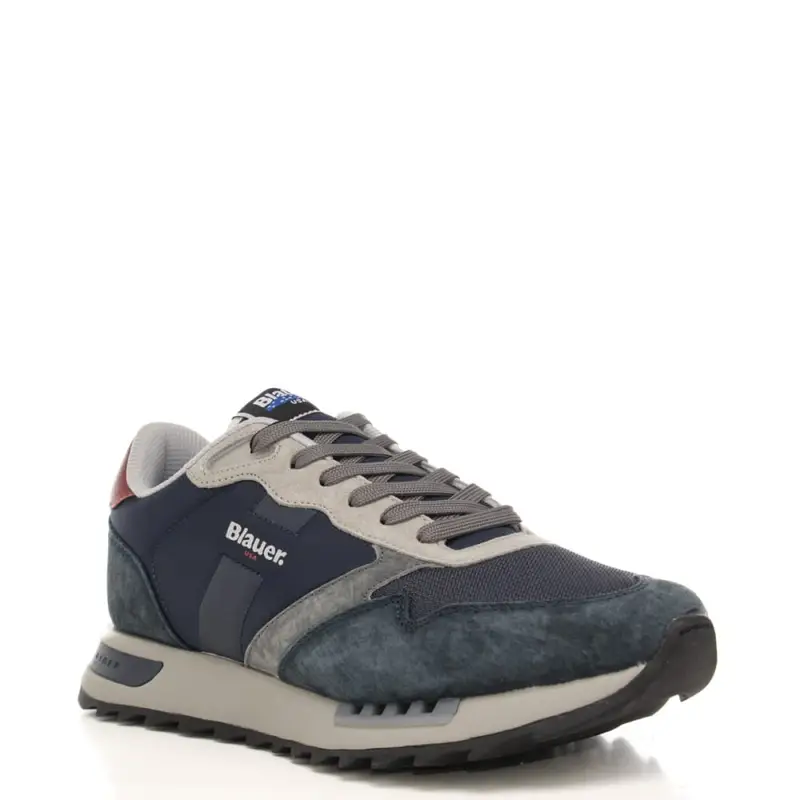 sneakers da uomo in vera pelle e tessuto tecnico con suola seghettata rosso navy miniatura 3
