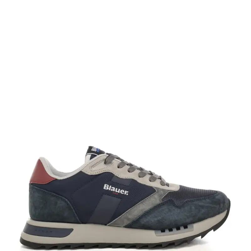 sneakers da uomo in vera pelle e tessuto tecnico con suola seghettata rosso navy
