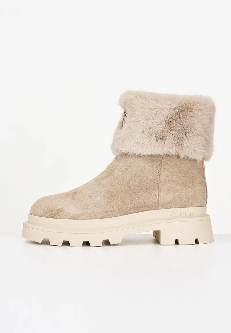 Stiali beige da donna con pelliccia e logo