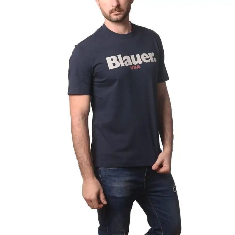 t-shirt da uomo ernst in cotone con maxi logo lettering a contrasto stampato sul davanti blu miniatura 2