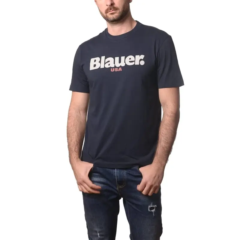 t-shirt da uomo ernst in cotone con maxi logo lettering a contrasto stampato sul davanti blu