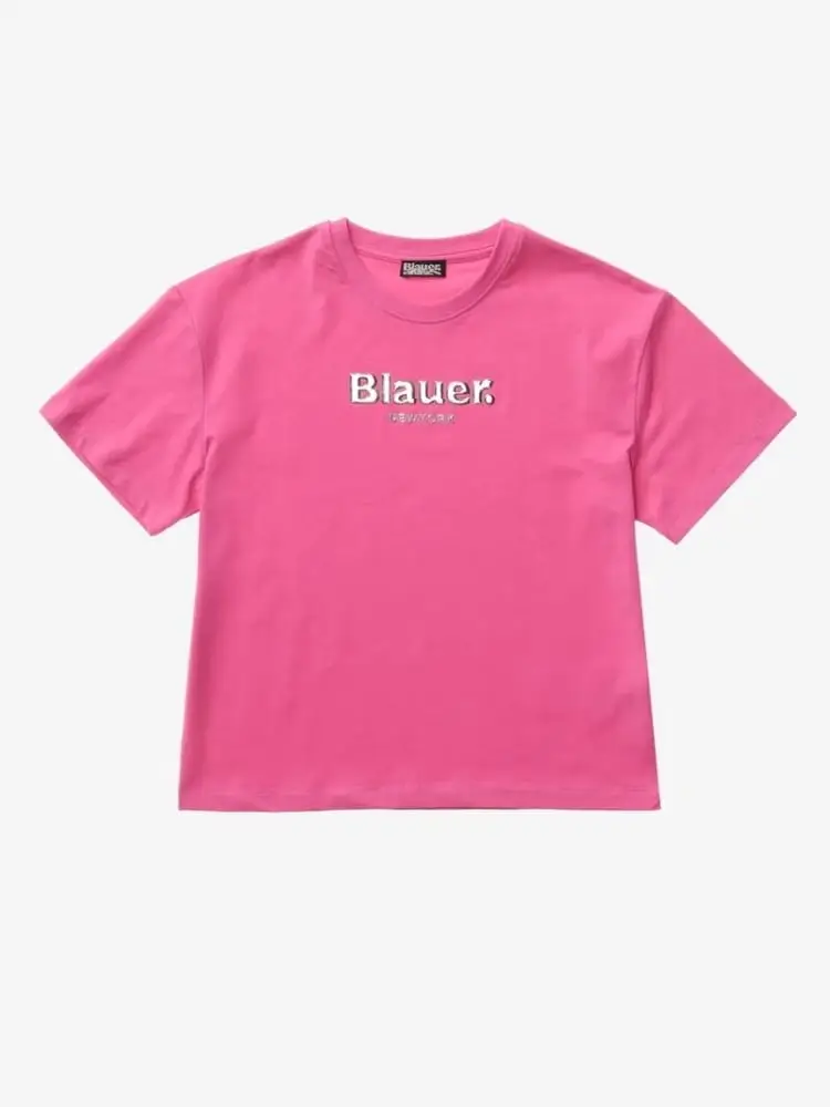 tshirt fucsia bambina logo in rilievo