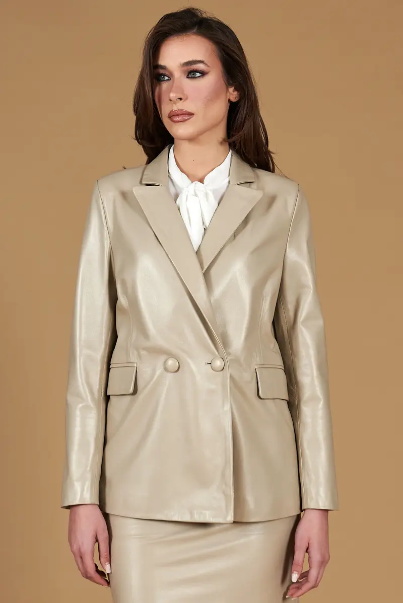 Blazer doppiopetto in pelle grigio perla chiusura bottone D'Arienzo, Seleziona Taglia S, Colore Grigio