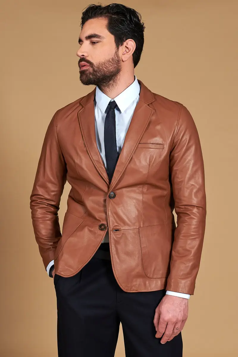 Blazer in pelle naturale cuoio con due bottoni D'Arienzo, Seleziona Taglia 48, Colore Cuoio