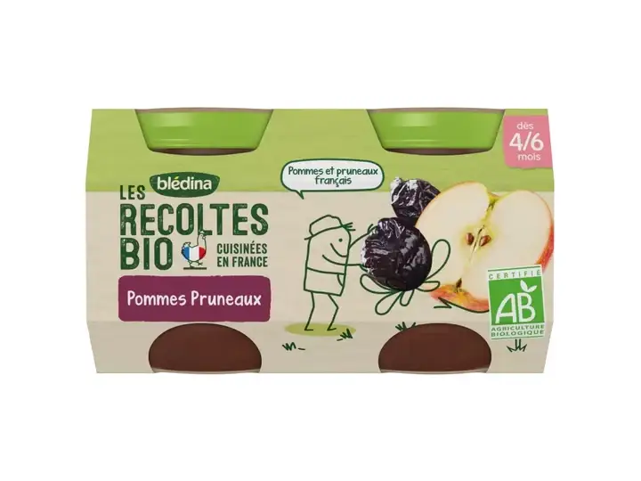 Blédina Raccolta BIOLOGICA A partire da 4/6 mesi - Piccoli Vasi Frutta - Mele Prugne 2x130g