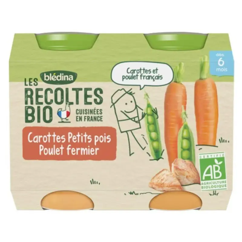 Blédina Raccolta BIOLOGICA A partire da 6 mesi - Piccoli Vasi Verdure/Carne - Carote Piselli Pollo Contadino 2x200g