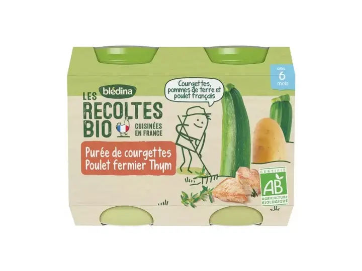 Blédina Raccolta BIOLOGICA A partire da 6 mesi - Piccoli Vasi Verdure/Carne - Purea di Zucchine Pollo Contadino Timo 2x200g
