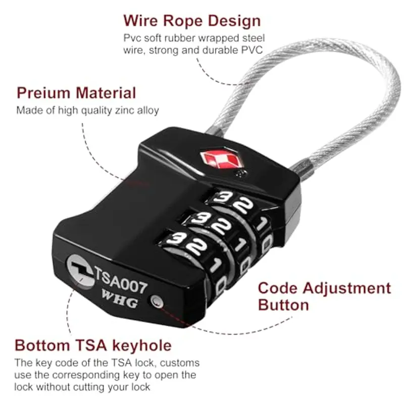 Blendura Lucchetto Valigia TSA Cavo 2 Confezioni, Lucchetto Combinazione Viaggio 3 Cifre, Lucchetti per Bagagli, Lucchetto per Armadietto Palestra Valigie, Ecc, Nero miniatura 2