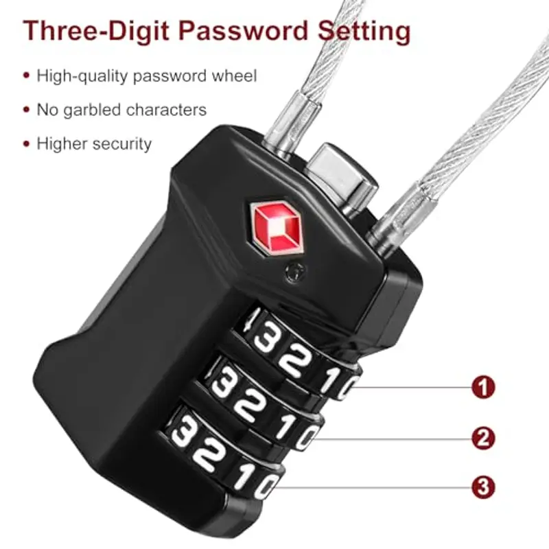Blendura Lucchetto Valigia TSA Cavo 2 Confezioni, Lucchetto Combinazione Viaggio 3 Cifre, Lucchetti per Bagagli, Lucchetto per Armadietto Palestra Valigie, Ecc, Nero miniatura 3