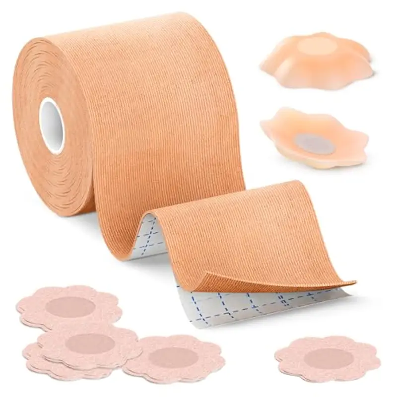 BLOOMORA Boob Tape Essential | Nastro Adesivo Seno Extra Largo | Nastro Push Up per Seno Grande | Body Tape 5 cm con Copricapezzoli in Silicone | Reggiseno Adesivo Invisibile Beige