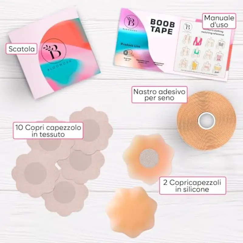 BLOOMORA Boob Tape Essential | Nastro Adesivo Seno Extra Largo | Nastro Push Up per Seno Grande | Body Tape 5 cm con Copricapezzoli in Silicone | Reggiseno Adesivo Invisibile Beige miniatura 3