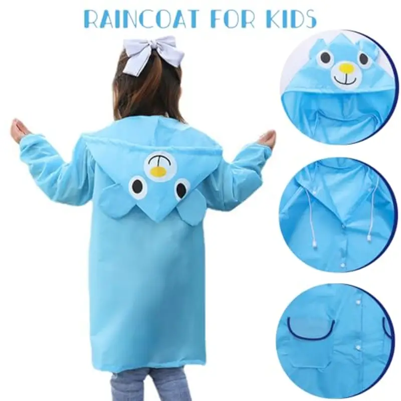 BLPRKOT Poncho Impermeabile per Bambini, Giacca da Pioggia con Cappuccio, Riutilizzabile Addensare Eva per Ragazzi Ragazze (Blu) miniatura 2
