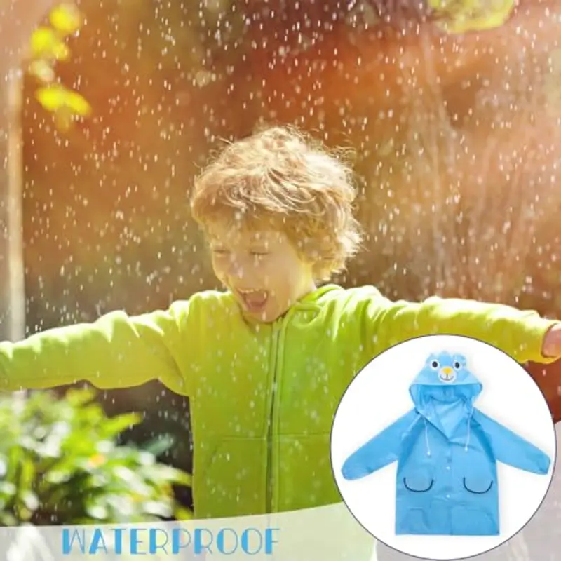 BLPRKOT Poncho Impermeabile per Bambini, Giacca da Pioggia con Cappuccio, Riutilizzabile Addensare Eva per Ragazzi Ragazze (Blu) miniatura 3
