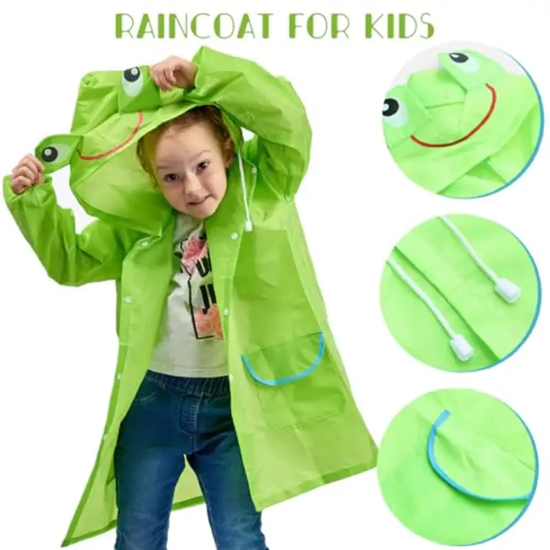 BLPRKOT Poncho Impermeabile per Bambini, Giacca da Pioggia con Cappuccio, Riutilizzabile Addensare Eva per Ragazzi Ragazze (Verde) miniatura 2