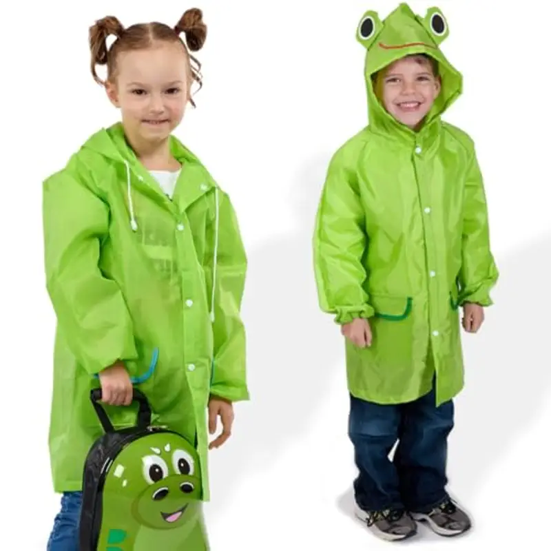 BLPRKOT Poncho Impermeabile per Bambini, Giacca da Pioggia con Cappuccio, Riutilizzabile Addensare Eva per Ragazzi Ragazze (Verde) miniatura 3