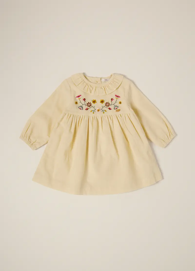 Abito Beige In Velluto A Coste Con Ricami Floreali, Neonata, Giallo chiaro
