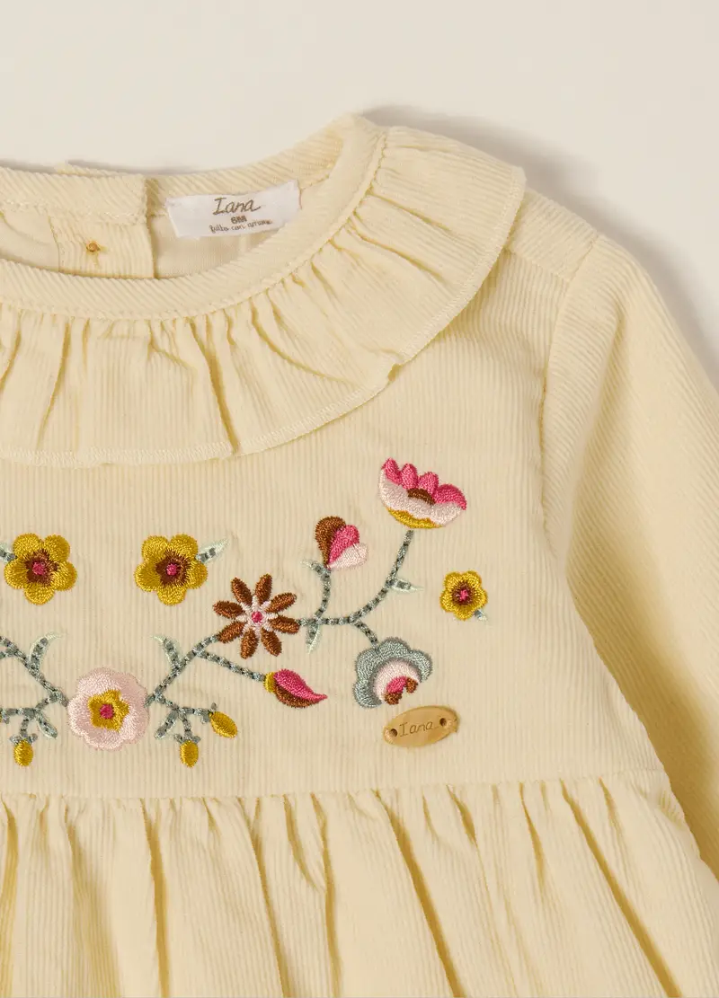 Abito Beige In Velluto A Coste Con Ricami Floreali, Neonata, Giallo chiaro miniatura 3