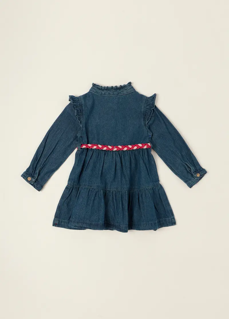 Abito Denim Con Maniche Lunghe In Puro Cotone, Neonata, Blu miniatura 2