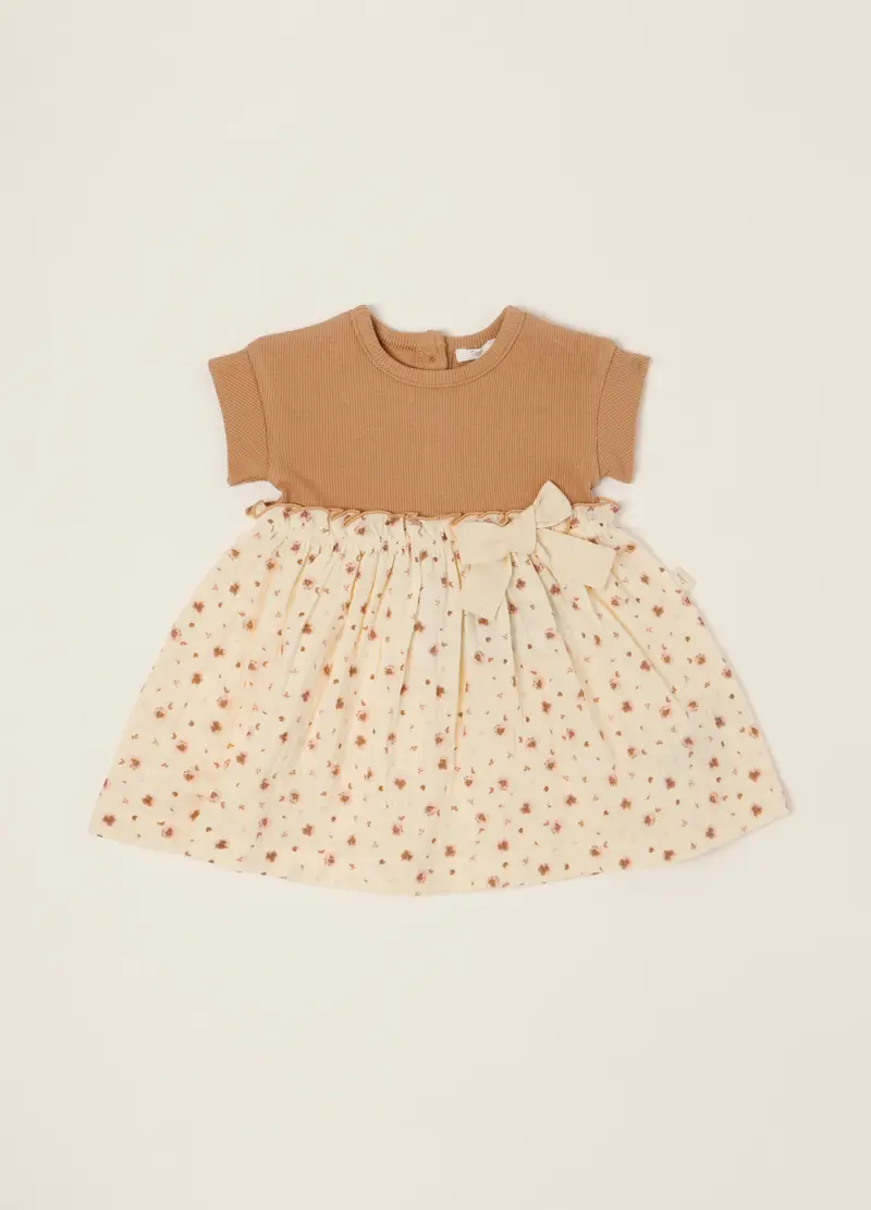 Abito Marrone A Maniche Corte In Cotone Elasticizzato, Neonata, Beige