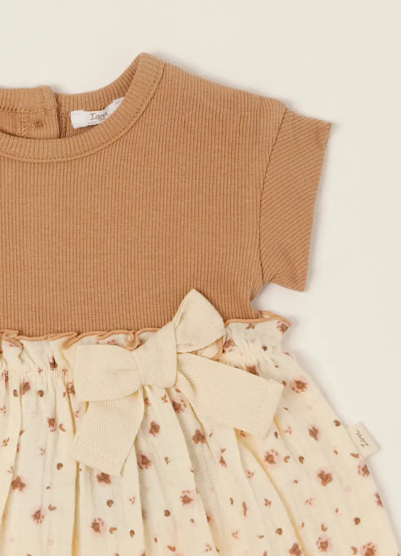 Abito Marrone A Maniche Corte In Cotone Elasticizzato, Neonata, Beige miniatura 3
