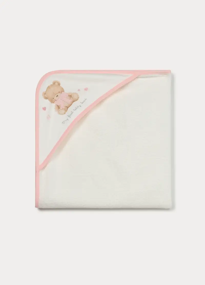 Asciugamano In Spugna Di Puro Cotone Neonata, Neonato, Bianco/Rosa, U