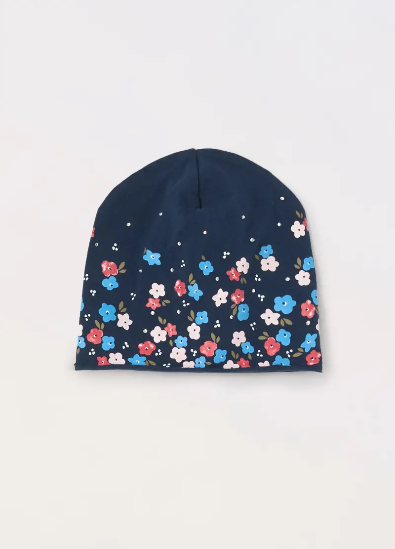 Berrettino In Cotone Stretch Con Strass Neonata, Blu scuro
