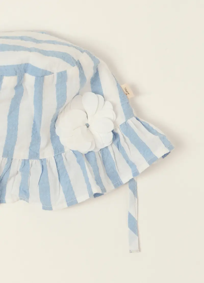 Berretto In Puro Cotone Seersucker Iana Neonata, Bianco/Azzurro, U miniatura 3