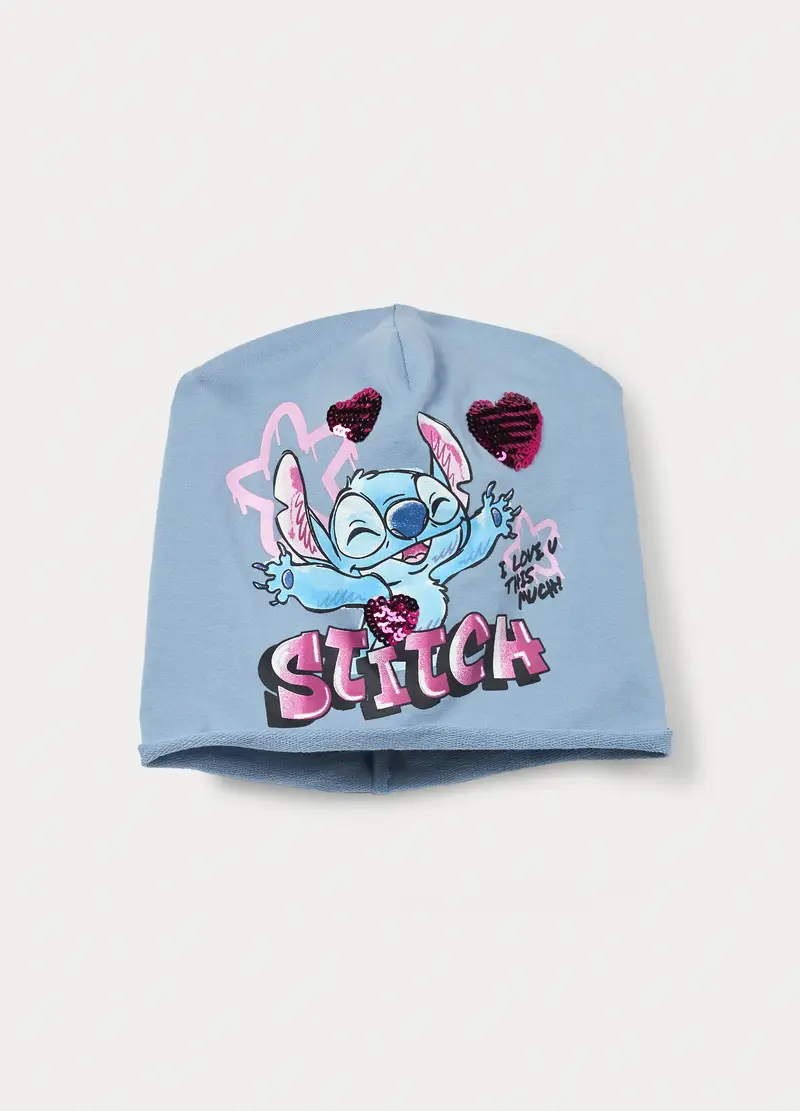 Berretto Stitch In French Terry Di Cotone Stretch, Bambina, Blu chiaro