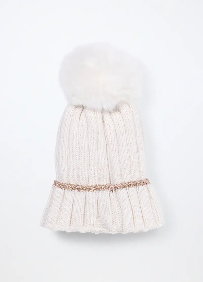 Berretto Tricot Con Pon Pom, Bambina, Bianco panna miniatura 2