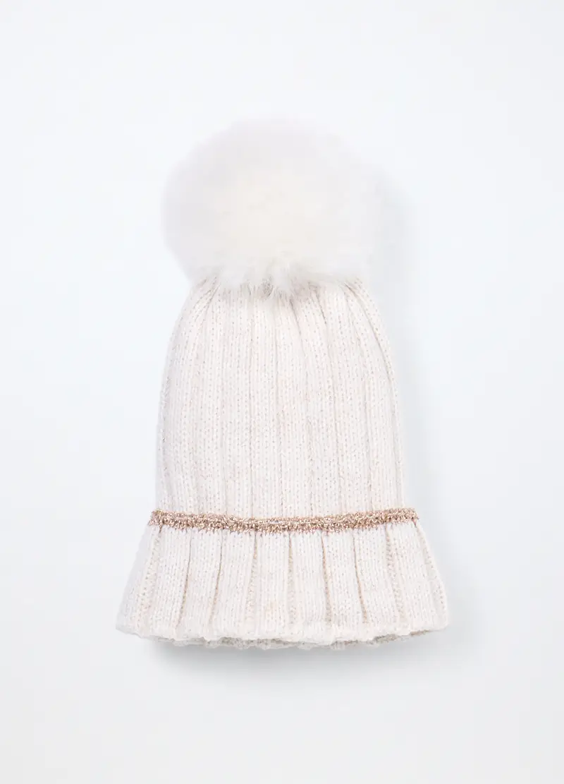 Berretto Tricot Con Pon Pom, Bambina, Bianco panna